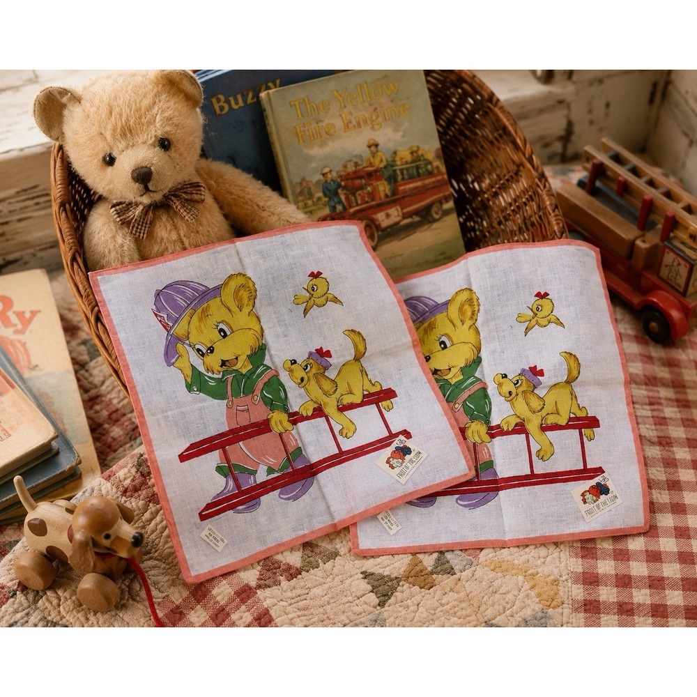Lot 2 VTG‎ Fruit of the Loom Kids Handkerchiefs Teddy Bear Firefighter Kitsch